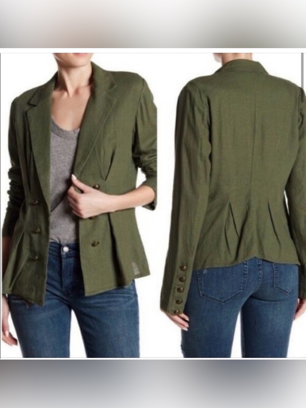 Free People Jacket XS Linen Blend Olive Military Blazer fall winter boho